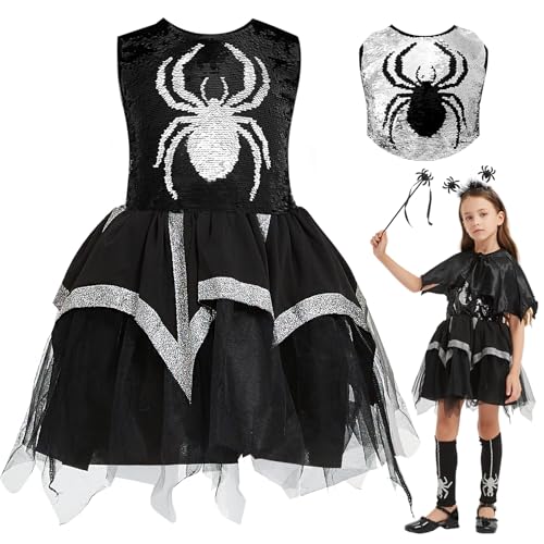 Ulikey 6PCS Hexen Kostüm Mädchen, Halloween Kostüm Kinder Spinne Kleid mit Haarband und Zauberstab, Cosplay Hexe Kleidung, Hexenkleid Mädchen für Halloween Karneval Fasching Party Bekleidung (120) von Ulikey