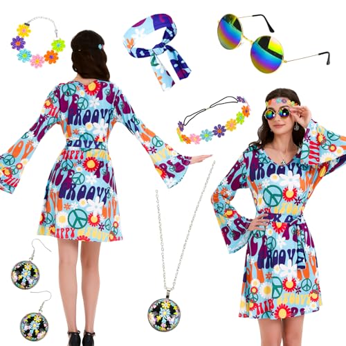 Ulikey 7 Stück Hippie Kostüm Damen Set, Hippie Kleid Damen Disco Outfit mit Brille Haarband Blumengirlande Halskette, 60er 70er Bekleidung Damen Hippie Kleid für Karneval Halloween (Blau, L) von Ulikey