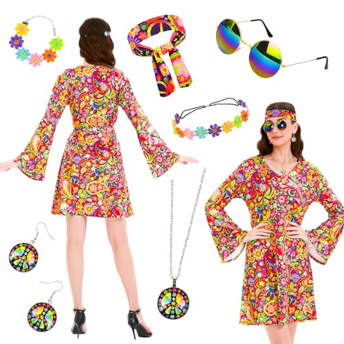 Ulikey 7 Stück Hippie Kostüm Damen Set, Hippie Kleid Damen Disco Outfit mit Brille Haarband Blumengirlande Halskette, 60er 70er Bekleidung Damen Hippie Kleid für Karneval Halloween (Farbig, L) von Ulikey