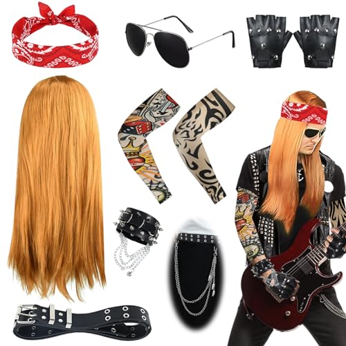 Ulikey 70er 80er Jahre Rocker-Kostüm für Herren, 11 PCS Punk Gothic Rocker Kit mit Perücke Tattoo Sleeves Handschuhe Gürtel Punk Kette, Karneval Party Schwermetall Disco Rocker Outfit Kostüm Zubehör von Ulikey