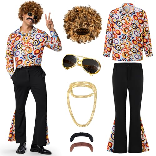 Ulikey 70er Jahre Kostüm Herren, 60er70er Jahre Outfit Herren Retro Hippie Kostüm 70er Disco Kostüm Männer Set mit Perücke, Hemd, Schlaghosen und Disco Zubehör für Karneval Halloween (Orange, 2XL) von Ulikey