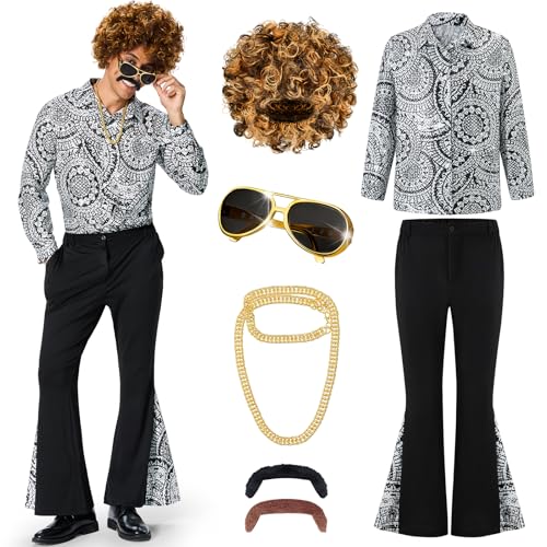 Ulikey 70er Jahre Kostüm Herren, 60er70er Jahre Outfit Herren Retro Hippie Kostüm 70er Disco Kostüm Männer Set mit Perücke, Hemd, Schlaghosen und Disco Zubehör für Karneval Halloween (Silber, L) von Ulikey