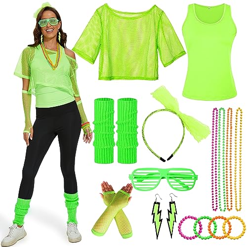 Ulikey 80er 90er Jahre Outfit Damen, 80er Jahre Kleidung Damen Set, Netzshirt, Tank top, Halskette, Armband, Ohrring, Brille, Stirnband, 90er Jahre Neon Party Outfit Mottoparty Accessoires (grün, M) von Ulikey