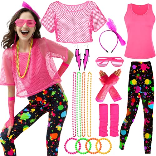 Ulikey 80er 90er Jahre Outfit Damen, Kostüm 80er Jahre Damen Bunte Leggings, Aerobic Outfit 80er Damen, 90er Neon Party Outfit Damen Zubehör Set mit Gläser, Halskette (Pink Schwarz, L) von Ulikey