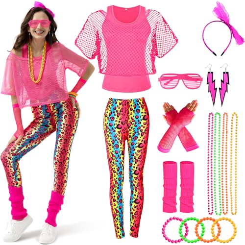 Ulikey 80er 90er Jahre Outfit Damen, Kostüm 80er Jahre Damen Bunte Leggings, Aerobic Outfit 80er Damen, 90er Neon Party Outfit Damen Zubehör Set mit Gläser, Halskette (Pinke Farbe, L) von Ulikey