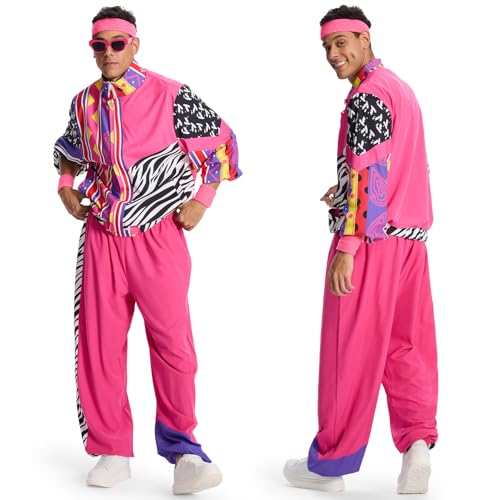 Ulikey 80er Trainingsanzug, 80er 90er Jahre Outfit Herren Damen, Kostüm 80er Jahre Set mit Stirnband Armbänder Brille Paare para Faschingskostüme Karneval Cosplay (Rosa, XL) von Ulikey