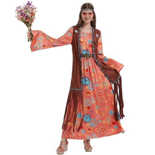 Ulikey 9 PCS Hippie Kostüm Damen Set, 60er 70er Kleidung Langes Hippie Kleid Damen mit Weste und Zubehör, Disco Kleider Mode Abba Outfit, 60er Jahre Bekleidung Frauen Mädchen für Karneval Party (XXL) von Ulikey