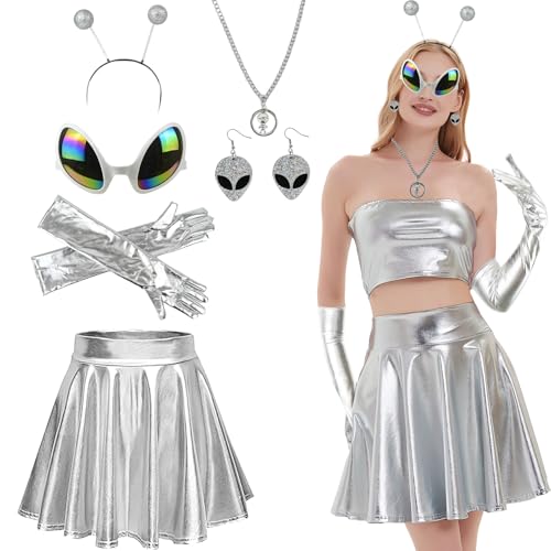 Ulikey Alien Kostüm Set, Cosplay Metallic Glitzer Outfits Damen, Metallischer Faltenrock + Alien Antennen Stirnband + Silber Handschuhe + Alien Gläser, Karneval Mottoparty Kostüm Zubehör (L) von Ulikey