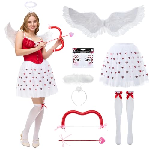 Ulikey Amor Kostüm Damen, Cupid Engel Kostüme Erwachsene mit Engelsflügel, Heiligenschein Engel, Herzchen Tutu Rock, Amor Pfeil Und Bogen, Herz Gesichttattoos für Fasching Valentinstag Karneval (M) von Ulikey