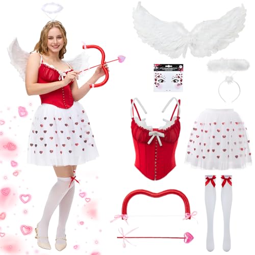 Ulikey Amor Kostüm Damen, Cupid Engel Kostüme mit Korsett, Engelsflügel, Heiligenschein Engel, Herzchen Tutu Rock, Amor Pfeil, Bogen, Herz Gesichttattoos für Fasching Valentinstag Karneval von Ulikey