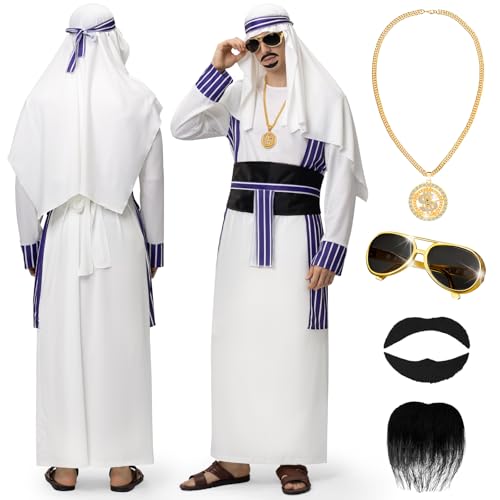 Ulikey Araber Kostüm, Scheich Kostüm Herren Costume Sceicco Arabo mit Schnurrbart, Halsketten, Sonnenbrillen, Kopftuch für Karneval, Party, Cosplay (L) von Ulikey