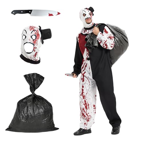 Ulikey Art Clown Kostüm, Halloween Kostüm Herren Horror Clown, Kostüm Killer Set mit Hut Dolch Schwarze Große Tasche, Schwarz Weiß Jumpsuit, Terrifier Clown Cosplay Halloween Karneval Party (L) von Ulikey