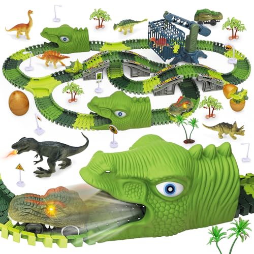 Ulikey Autorennbahn Dinosaurier Spielzeug Schienen, 288 Stück Dino Rennbahn Autobahn Kinder Mit 2 Rennwagen und 6 Dinosaurier Figuren, Dinosaurier Spiele Rennbahn Kinder Geschenk für 3 4 5 Jahre von Ulikey