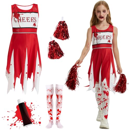 Ulikey Cheerleader Kostüm Kinder Halloween, Horror Cheerleader Kostüme mit Kunstblut und Pompons, High School Zombie Cheerleader Kostüm Kinder Mädchen für Halloween Dress-up-Partys (Rot, 130) von Ulikey