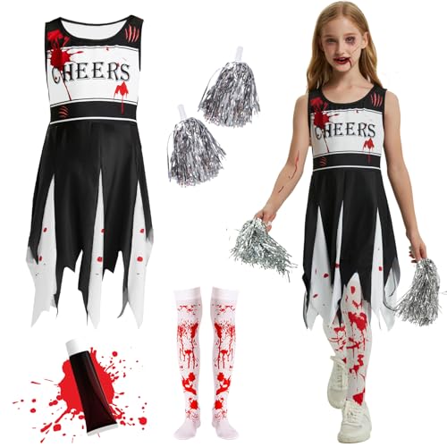 Ulikey Cheerleader Kostüm Kinder Halloween, Horror Cheerleader Kostüme mit Kunstblut und Pompons, High School Zombie Cheerleader Kostüm Kinder Mädchen für Halloween Dress-up-Partys (Schwarz, 130) von Ulikey