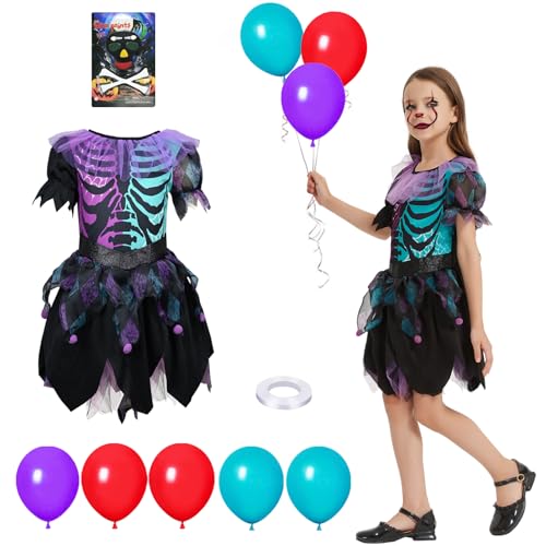 Ulikey Clown Kostüm Mädchen, Blau und Lila Clown Kleid Set mit Luftballon und Gesichtsbemalung, Gruseliges Clown Halloween Kostüm Kinder für Halloween Karneval Party (L, 10-12) von Ulikey