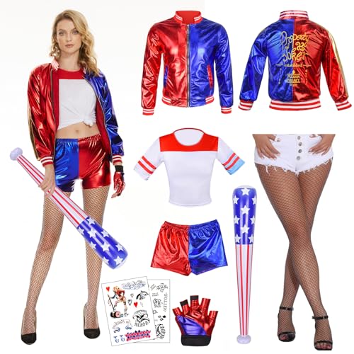 Ulikey Clown Kostüme für Erwachsene, Quinn Karneval Kostüm Mädchen Cosplay Set, Quinn Cosplay Set Enthalten Tattoo Joker, Jacke, Shorts, T-Shirt, Handschuh, Netzstrümpfe für Karneval Cosplay (M) von Ulikey