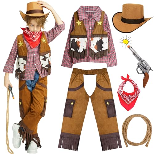 Ulikey Cowboy Kostüm Kinder, Western Cowboy Set Kinder mit Cowboy Hose Hemd Weste Hut Halstuch Spielzeug Zubehör, Cowboy Faschingskostüme Kinderkostüme für Karneval Cosplay Party Dress Up (Rot, 140) von Ulikey