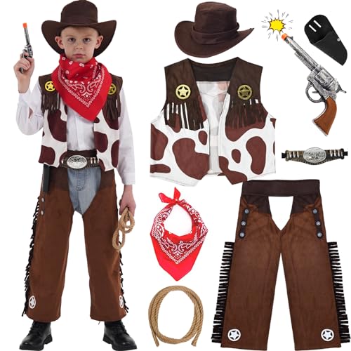 Ulikey Cowboy Kostüm Kinder, Western Cowboy Set Kinder mit Cowboy Hose Weste Hut Halstuch Spielzeug Zubehör, Cowboy Faschingskostüme Kinderkostüme für Karneval Cosplay Halloween Party Dress Up (S) von Ulikey