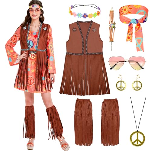 Ulikey Damen-Hippie-Kleid, 60er 70er Jahre Hippie Kleid Damen mit Hippie Weste, Halskette, Ohrringen, Sonnenbrille, Retro Disco-Outfit Faschingskostüme für Karneval Halloween Cosplay (L) von Ulikey