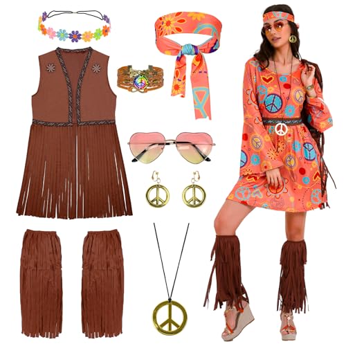 Ulikey Damen-Hippie-Kleid, 60er 70er Jahre Hippie Kleid Damen mit Hippie Weste, Halskette, Ohrringen, Sonnenbrille, Retro Disco-Outfit Faschingskostüme für Karneval Halloween Cosplay (XL) von Ulikey