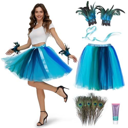 Ulikey Pfau Kostüm Damen, Blau Grün Pfau Tutu Rock, 10 Stücke Pfauenfedern, Feder Manschette Handgelenk Armband, Karneval Pfau Rock für Fasching Cosplay Karneval Mottoparty von Ulikey