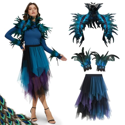 Ulikey Pfau Kostüm Damen, Blau Grün Pfau Tüllrock, Feder Cape, Feder Manschette Handgelenk Armband, Karneval Pfau Rock für Fasching Cosplay Karneval Mottoparty von Ulikey