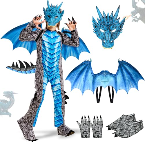 Ulikey Drachen Kinder Kostüm, Karneval Kostüm Jungen, Drachenkostüm Junge Set, mit Drachenflügel und Masken, Drachen Kostüm Jumpsuit, Drachenanzug Jungen Faschings Karneval Halloween Cosplay (Rot-L) von Ulikey