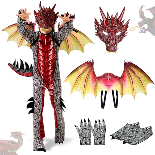 Ulikey Drachen Kinder Kostüm, Karneval Kostüm Jungen, Drachenkostüm Junge Set, mit Drachenflügel und Masken, Drachen Kostüm Jumpsuit, Drachenanzug Jungen Faschings Karneval Halloween Cosplay (Rot, S) von Ulikey