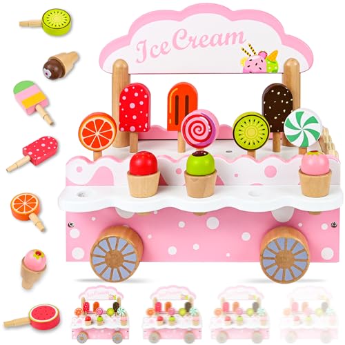 Ulikey Eiscreme Wagen Kinder, 3-in-1 Eis Holzspielzeug, Eisdiele Kinder Holz mit Aufbewahrung, Eisständer Kaufladen Rollenspiel, Kinderküche Montessori Frühes Lernen Spielzeug Geschenke für Mädchen von Ulikey