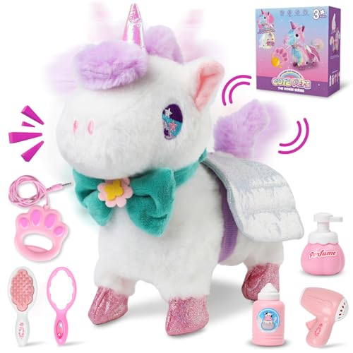 Ulikey Elektrisches Einhorn Plüschtier, Sprechendes Einhorn mit Ferngesteuerter Leine, Interaktives Laufendes Einhorn mit Gehen Bellen und Schwanzwedeln, Plüsch Einhorn für Mädchen Junge 3+ Jahre von Ulikey