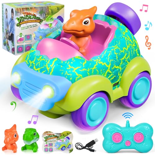 Ulikey Ferngesteuertes Auto ab 3 Jahre, Dinosaurier Spielzeugauto mit Lichtern und Musik, Dinosaurier Spielzeug RC Auto, Mädchen und Jungen Kinderspielzeug Geburtstag Geschenk Innen Außen (Blau) von Ulikey