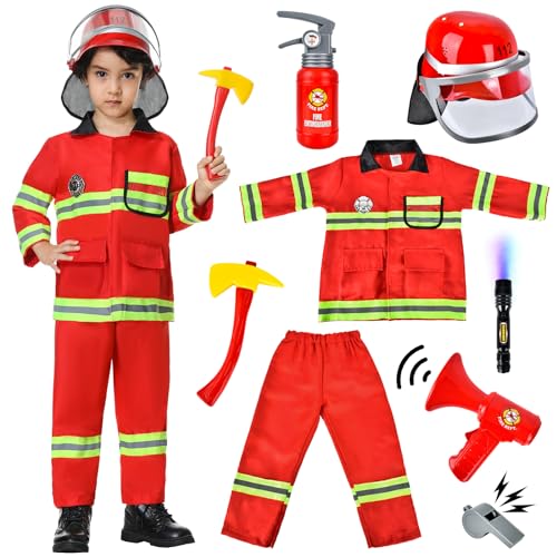 Ulikey Feuerwehr Kostüm Kinder, Feuerwehrmann Kostüm Kinder mit Echtem Megafon, Feuerlöscher, Kostüm Feuerwehrmann Kinder, Feuerwehrhelm Kinder für Jungen Mädchen Karneval Rollenspiel (rosa, L) von Ulikey