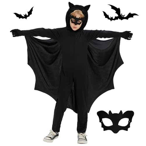 Ulikey Fledermaus Kostüm Kinder, Halloween Fledermauskostüm Vampir Mädchen Junge, Fledermaus Umhang Kinder, Fledermaus Overall Kostüm für Halloween Faschingskostüme Karneval Cosplay von Ulikey