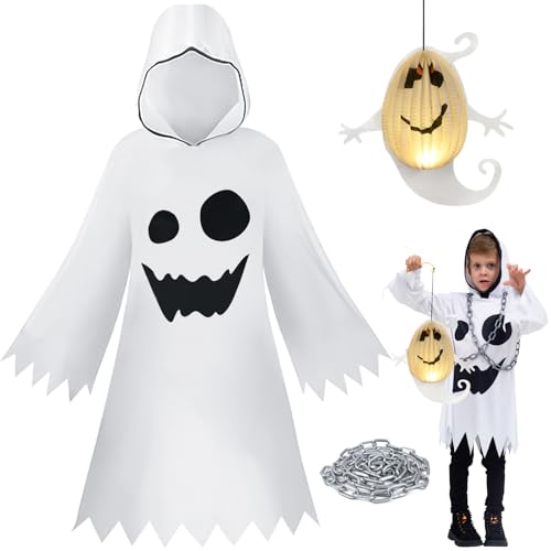 Ulikey Geister Gespenst Kostüm Kinder, Halloween Geister Umhang Kinder, Weiß Ghost Robe mit Geist Laterne und Ketten, Kinderkostüm Geisterkostüm für Jungen Mädchen Halloween Party Cosplay (110) von Ulikey