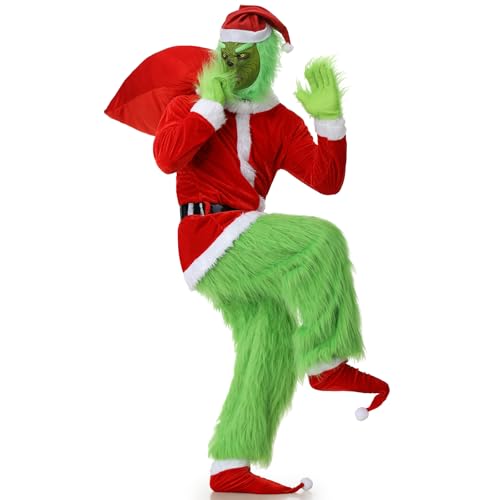 Ulikey Grün Großes Monster Kostüm, 8 Teilig Weihnachtsmann Kostüm Herren, Weihnachten Outfit Party Suit mit Grün Monster Maske, Weihnachtsmütze und Handschuhen für Weihnachten Cosplay Party (2XL) von Ulikey