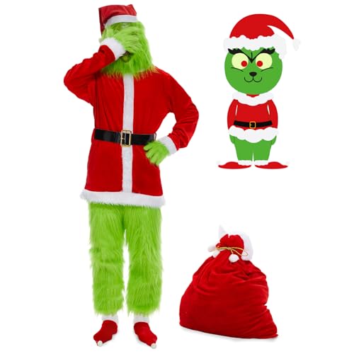 Ulikey Grün Großes Monster Kostüm, 8 Teilig Weihnachtsmann Kostüm Herren, Weihnachten Outfit Party Suit mit Grün Monster Maske, Weihnachtsmütze und Handschuhen für Weihnachten Cosplay Party (2XL) von Ulikey