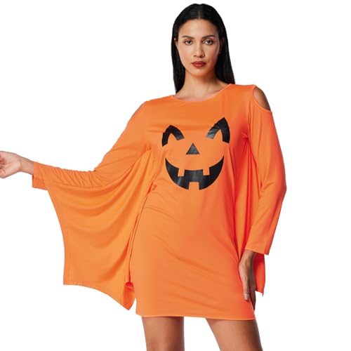 Ulikey Halloween Kürbis Kleid Damen, Halloween Umhang Damen Kürbis, Fledermaus Kostüm Damen Orange mit Langarm und Trägerloses für Halloween Karneval Party (L) von Ulikey