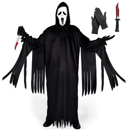 Ulikey Scream Kostüm Herren, Horror Ghostface Kostüm Herren Halloween Horror Scream Kostüm Adult mit Scream Maske und Gruseligen Requisiten für Halloween Karneval (L) von Ulikey