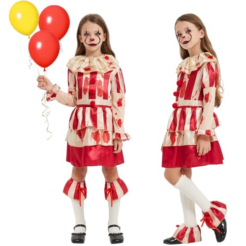 Ulikey Halloween Kostüm Mädchen Clown, Killer Clown Kostüm Kinder, Rot Gelb Gestreift Böser Clown Kostüm, Clown Kleid Set mit Luftballon-Gesichtsbemalung, Cosplay Horror Dlown Halloween Party (XL) von Ulikey