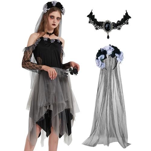 Ulikey Halloween Kostüm Zombie Braut, Horror Zombie Brautkleid mit Rosenschleier und Halskette, Friedhofsbraut Kleid Geisterbraut Kostüm Damen für Halloween Fasching Karneval Schicke Party (L) von Ulikey