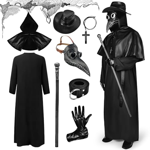 Ulikey Pestdoktor Kostüm, Pestdoktor Kostüm Herren Plague Doctor Costume Cosplay Set, Mittelalter Pestdoktor Outfit mit Pestdoktor Maske, Zepter Hut Handschuhe Accessoire für Erwachsene Halloween(XXL) von Ulikey