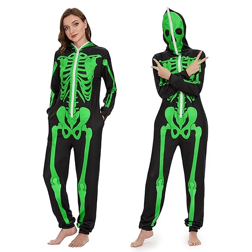 Ulikey Halloween Skelett Kostüm Damen, Halloween Skelett Onesie Overall Pyjama Erwachsene Damen Halloween Totenkopf Jumpsuit Schlafanzug Kostüm für Halloween, Cosplay, Karneval (Fluoreszierend, S) von Ulikey