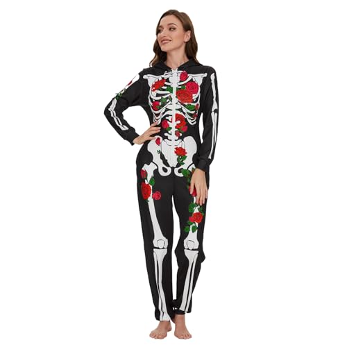 Ulikey Halloween Skelett Kostüm Damen, Halloween Skelett Onesie Overall Pyjama Erwachsene Damen Halloween Totenkopf Jumpsuit Schlafanzug Kostüm für Halloween, Cosplay, Karneval (Rose, S) von Ulikey