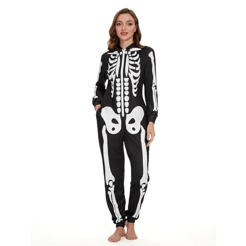 Ulikey Halloween Skelett Kostüm Damen, Halloween Skelett Onesie Overall Pyjama Erwachsene Damen Halloween Totenkopf Jumpsuit Schlafanzug Kostüm für Halloween, Cosplay, Karneval (Weiß, L) von Ulikey