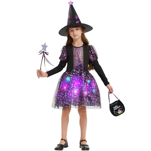 Ulikey Hexenkostüm Mädchen, Hexe Kostüm Kinder mit Lichter, Tasche, Hexenhut und Zauberstab, Langarm Hexenkleid Kinder, Mädchen Halloween Fasching Karneval Party Bekleidung, Violett (110) von Ulikey