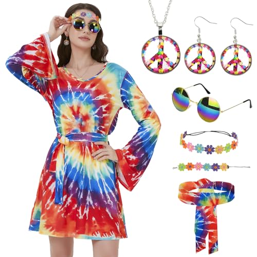 Ulikey Hippie Damen Kleid, 5 Stück 60 Er 70er Jahre Hippie Kleid Set, Karneval Kostüm Damen Kleid, 70er Jahre Bekleidung Damen Disco, Hippie Kostüm Damen Karneval Motto Party Cosplay (Tie-Dye, L) von Ulikey