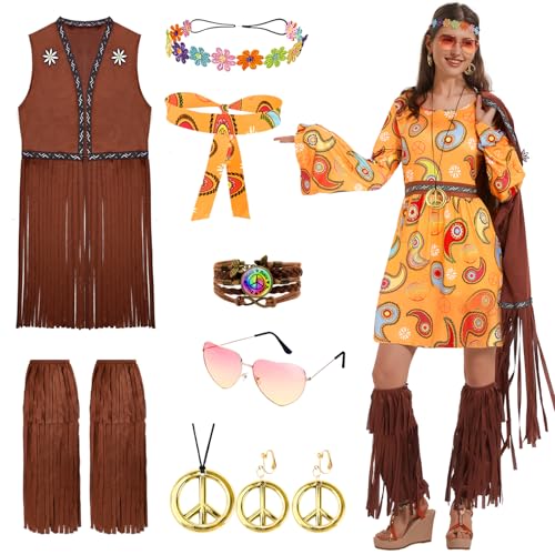 Ulikey Hippie Damen Kleid, 9 Stück 60er 70er Jahre Kostüm Damen Set, Hippie Kleidung Damen Kostüm, mit Weste Turban, Fransenleggings, Hippie Kleidung Frauen Karneval Motto Party Cosplay (L) von Ulikey