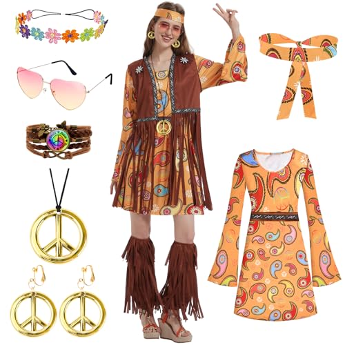 Ulikey Hippie Damen Kleid, 9 Stück 70er Jahre Bekleidung Damen Disco Set, Schlagermove Outfit Karneval Damen Kleid, mit Weste Turban, Fransenleggings, Hippie Kleidung Frauen Karneval Motto Party (XL) von Ulikey