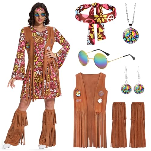 Ulikey Hippie Kostüm Damen, Hippie Kleidung Damen 70er Jahre Kleid Schlagermove Outfit Damen mit Fransenweste Stiefelüberzieher für Karneval Halloween Cosplay (Braun, 2XL) von Ulikey